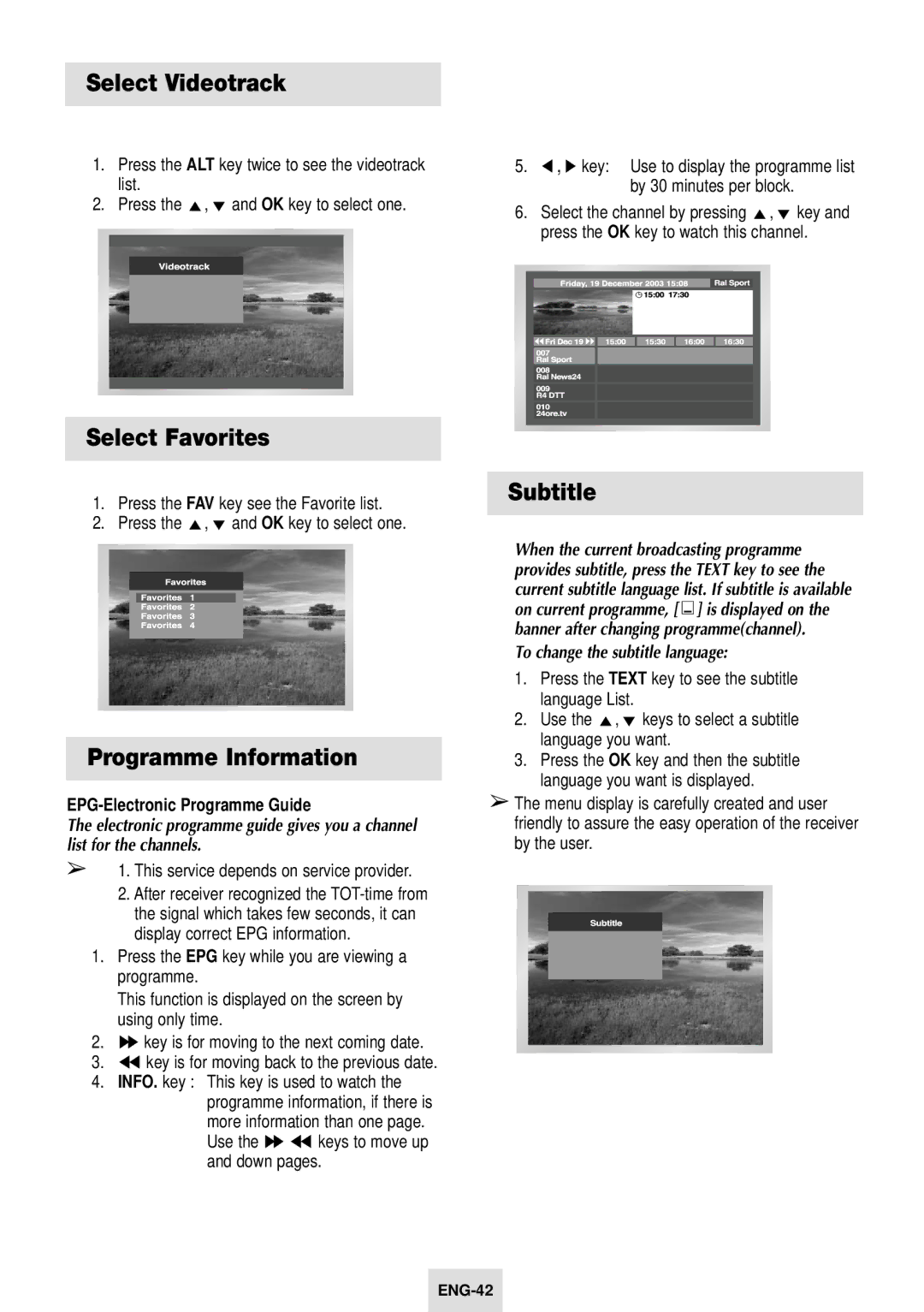 Samsung SV-DVD54T Select Videotrack, Select Favorites, Programme Information, Subtitle, To change the subtitle language 