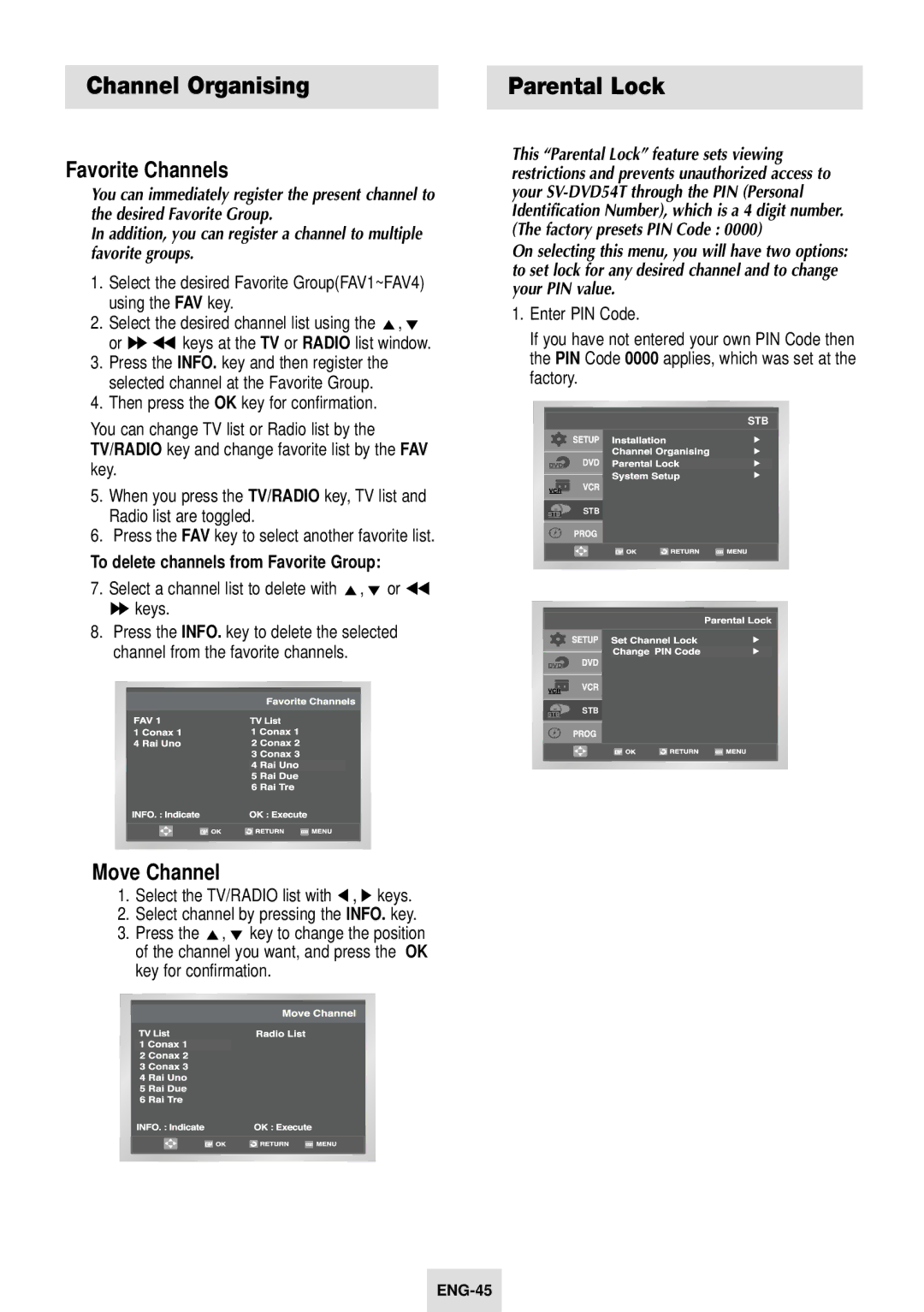 Samsung SV-DVD54T instruction manual Parental Lock, To delete channels from Favorite Group 