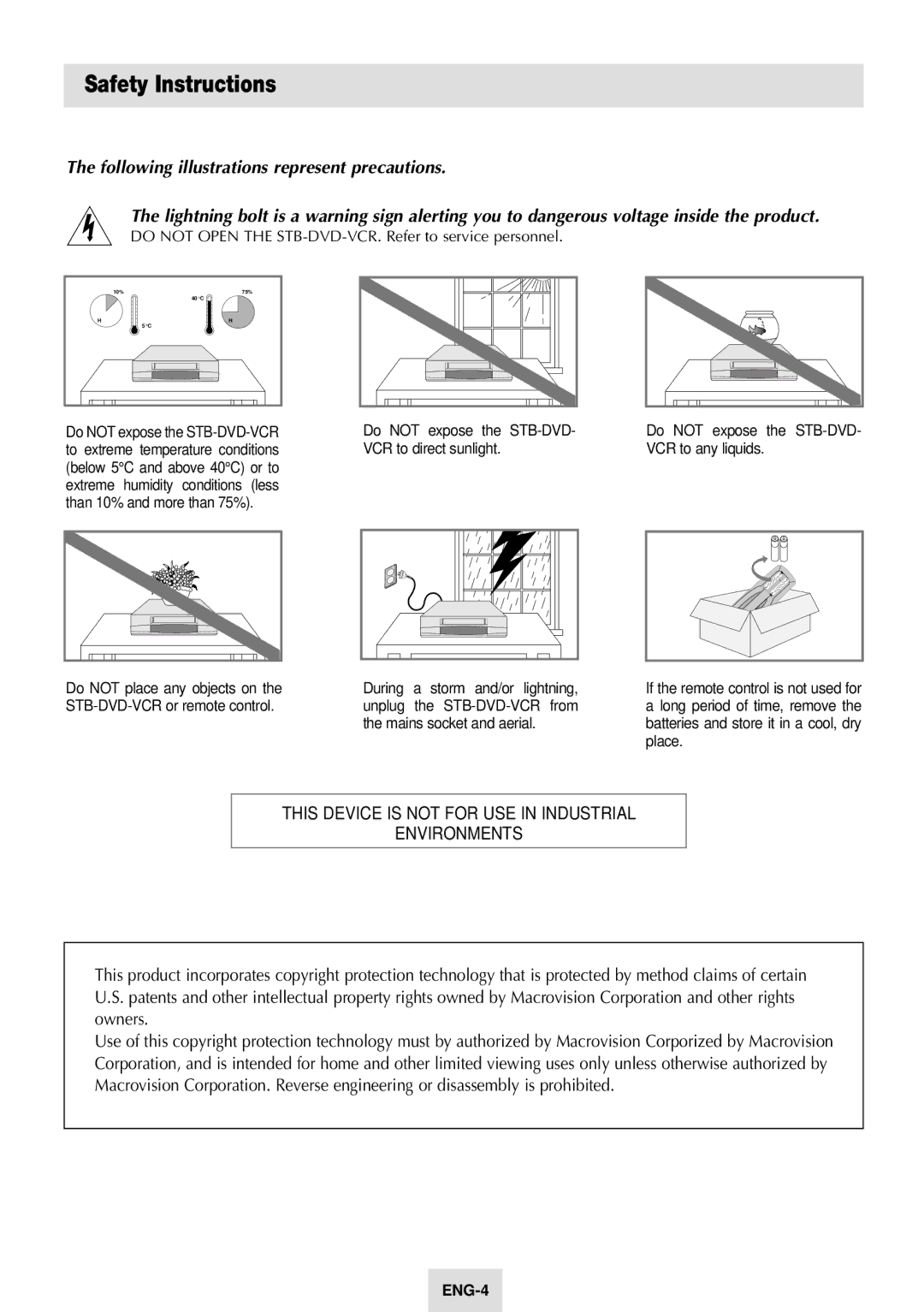 Samsung SV-DVD54T instruction manual Safety Instructions, Following illustrations represent precautions 