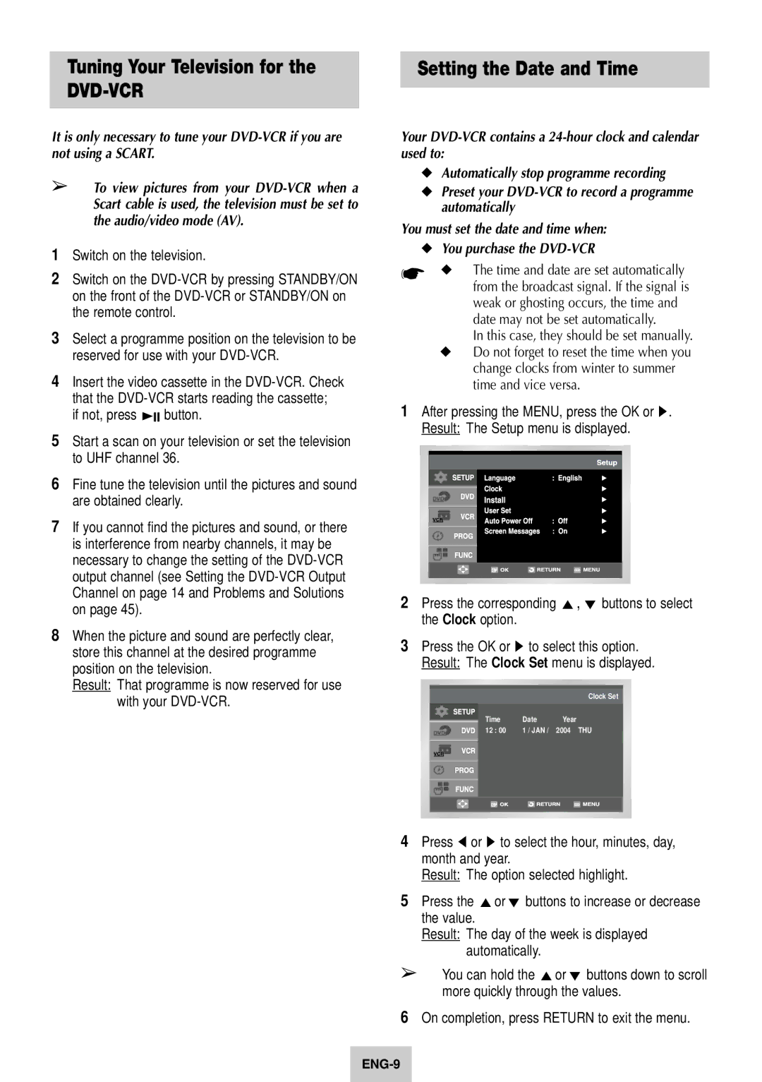 Samsung SV-DVD640 manual Tuning Your Television for, Setting the Date and Time 