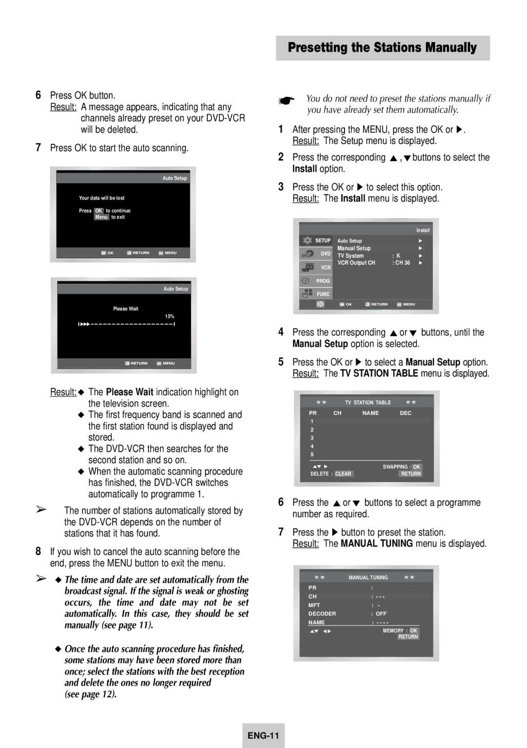 Samsung SV-DVD640 manual Presetting the Stations Manually, See, Install option 