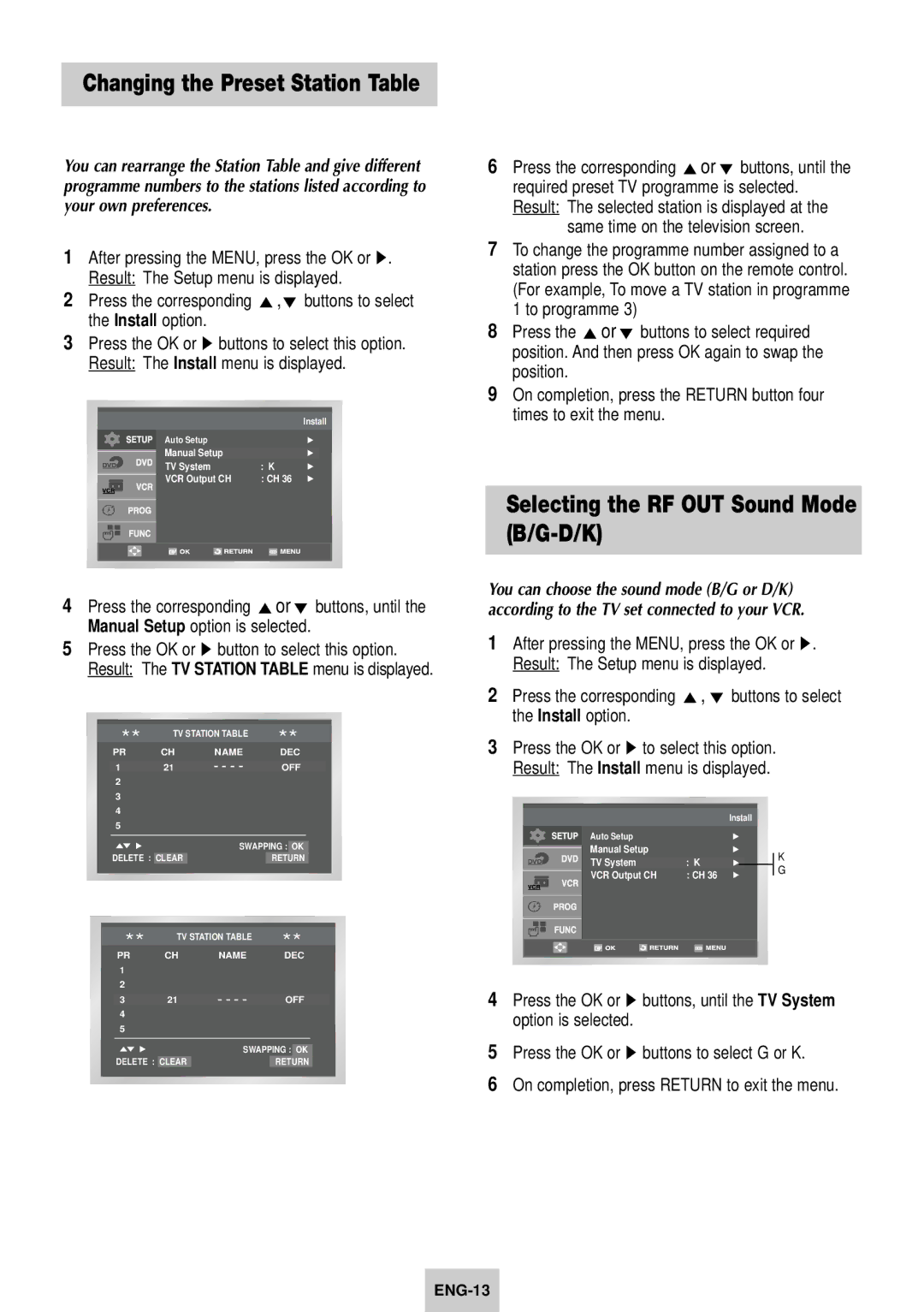 Samsung SV-DVD640 manual Changing the Preset Station Table, Selecting the RF OUT Sound Mode B/G-D/K 