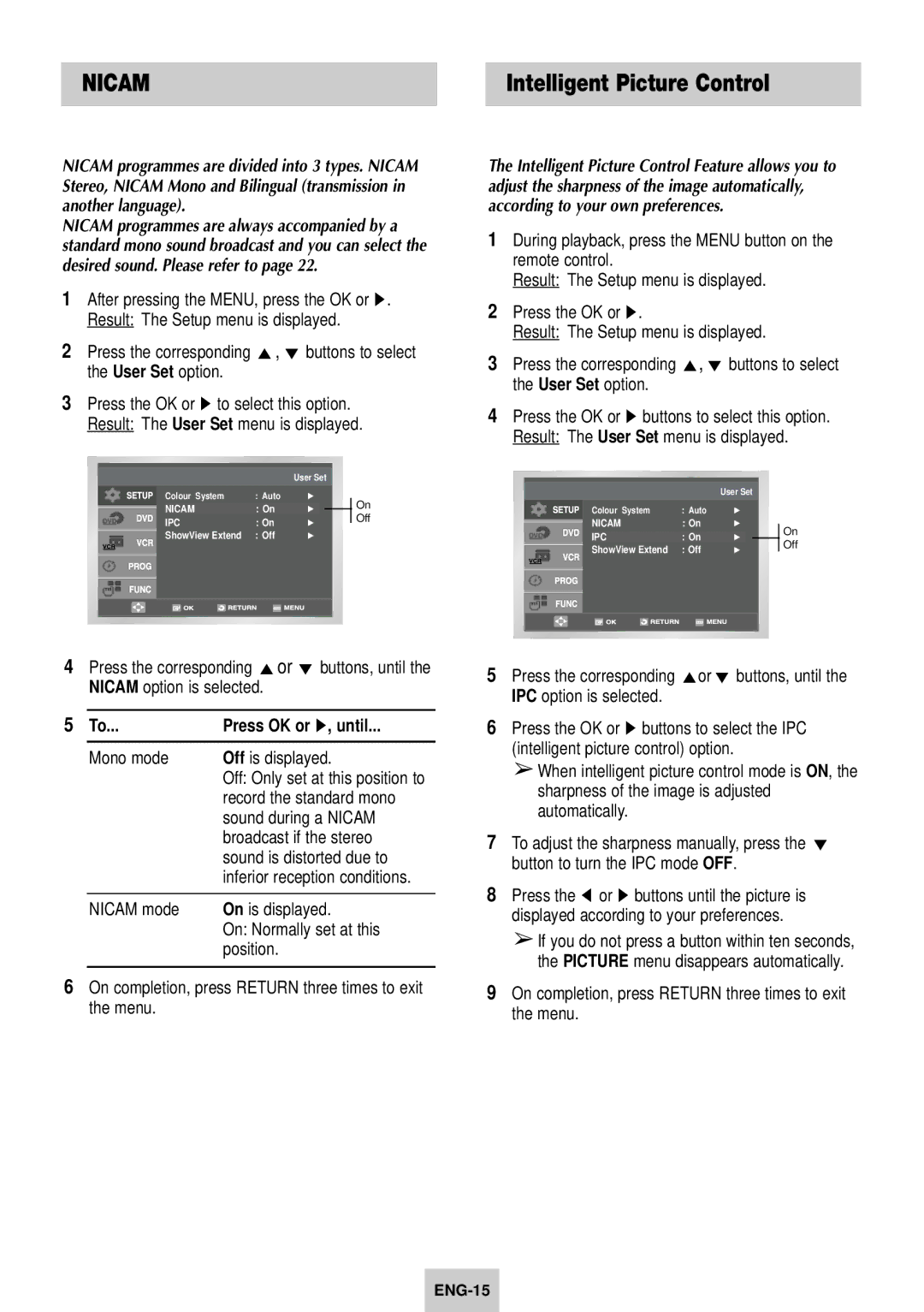 Samsung SV-DVD640 manual Intelligent Picture Control, Press OK or ❿, until 