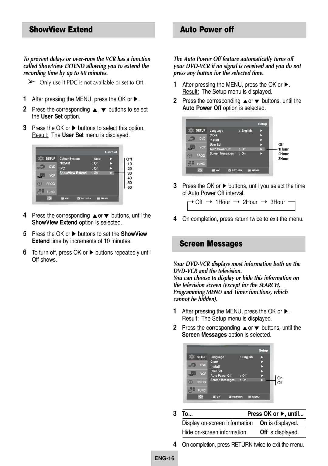 Samsung SV-DVD640 ShowView Extend Auto Power off, Screen Messages, On completion, press Return twice to exit the menu 