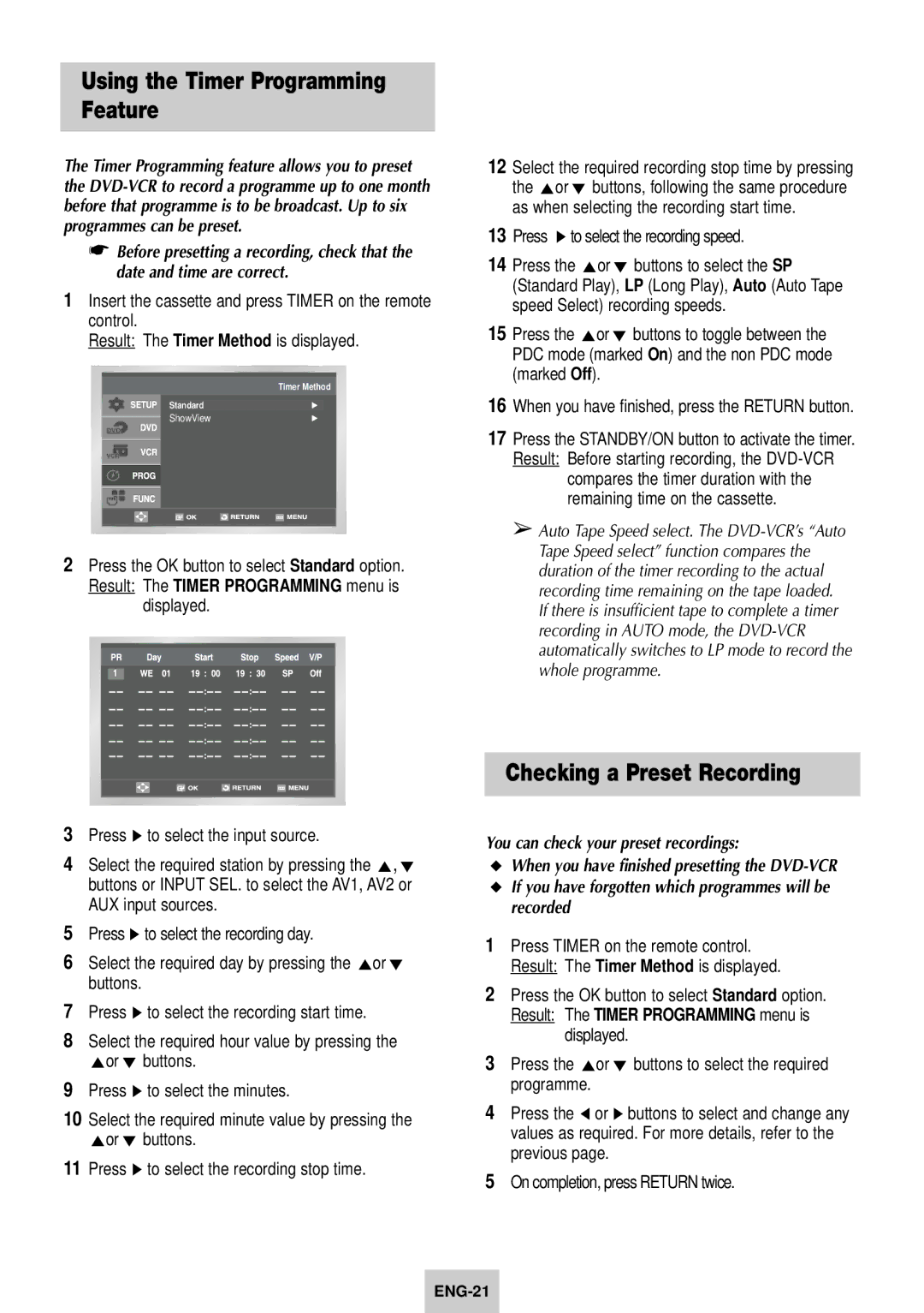 Samsung SV-DVD640 manual Using the Timer Programming Feature, Checking a Preset Recording, Speed Select recording speeds 