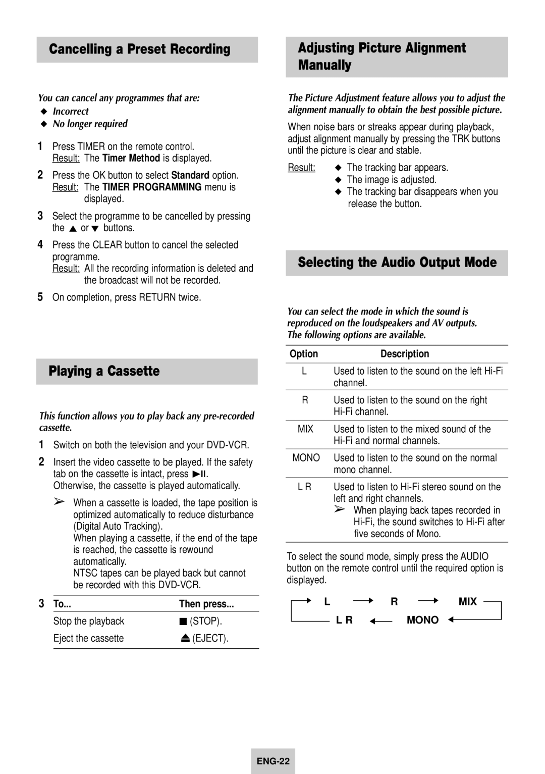 Samsung SV-DVD640 manual Cancelling a Preset Recording, Playing a Cassette, Adjusting Picture Alignment Manually 