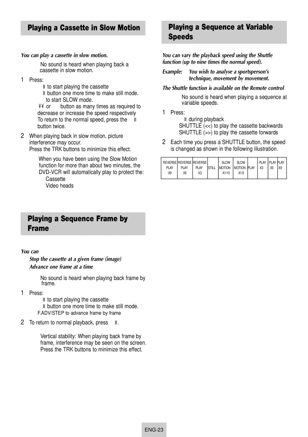 Samsung SV-DVD640 manual Playing a Cassette in Slow Motion, Playing a Sequence Frame by Frame 
