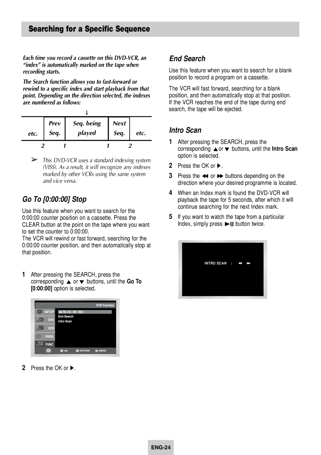 Samsung SV-DVD640 manual Go To 00000 Stop, End Search, Intro Scan 