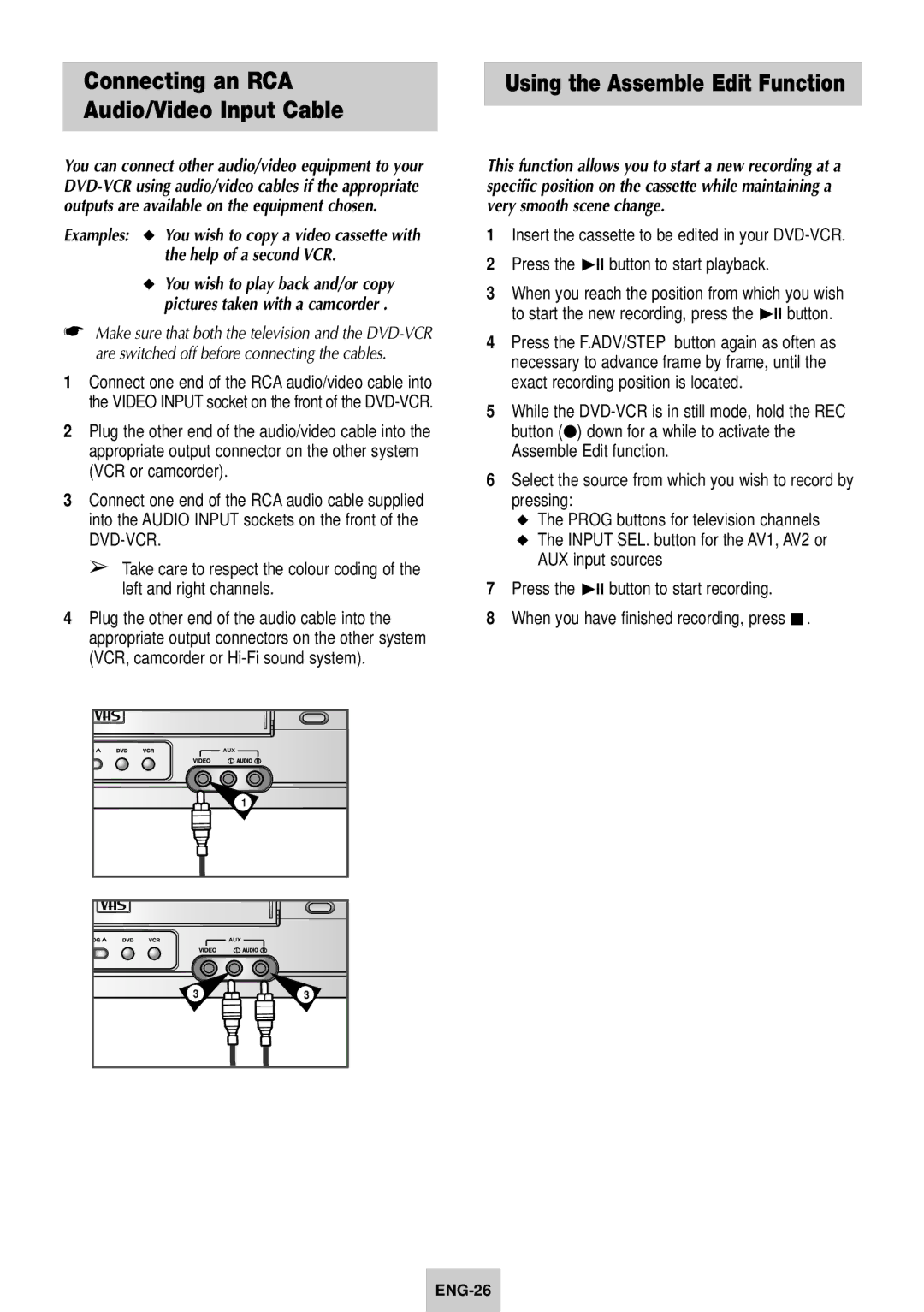 Samsung SV-DVD640 manual Connecting an RCA Audio/Video Input Cable, Using the Assemble Edit Function 