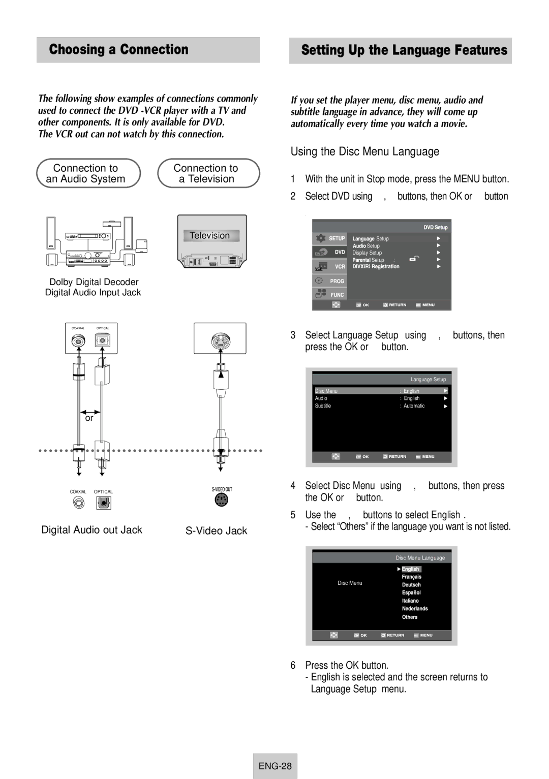 Samsung SV-DVD640 Choosing a Connection, VCR out can not watch by this connection, Digital Audio out Jack, OK or ❿ button 