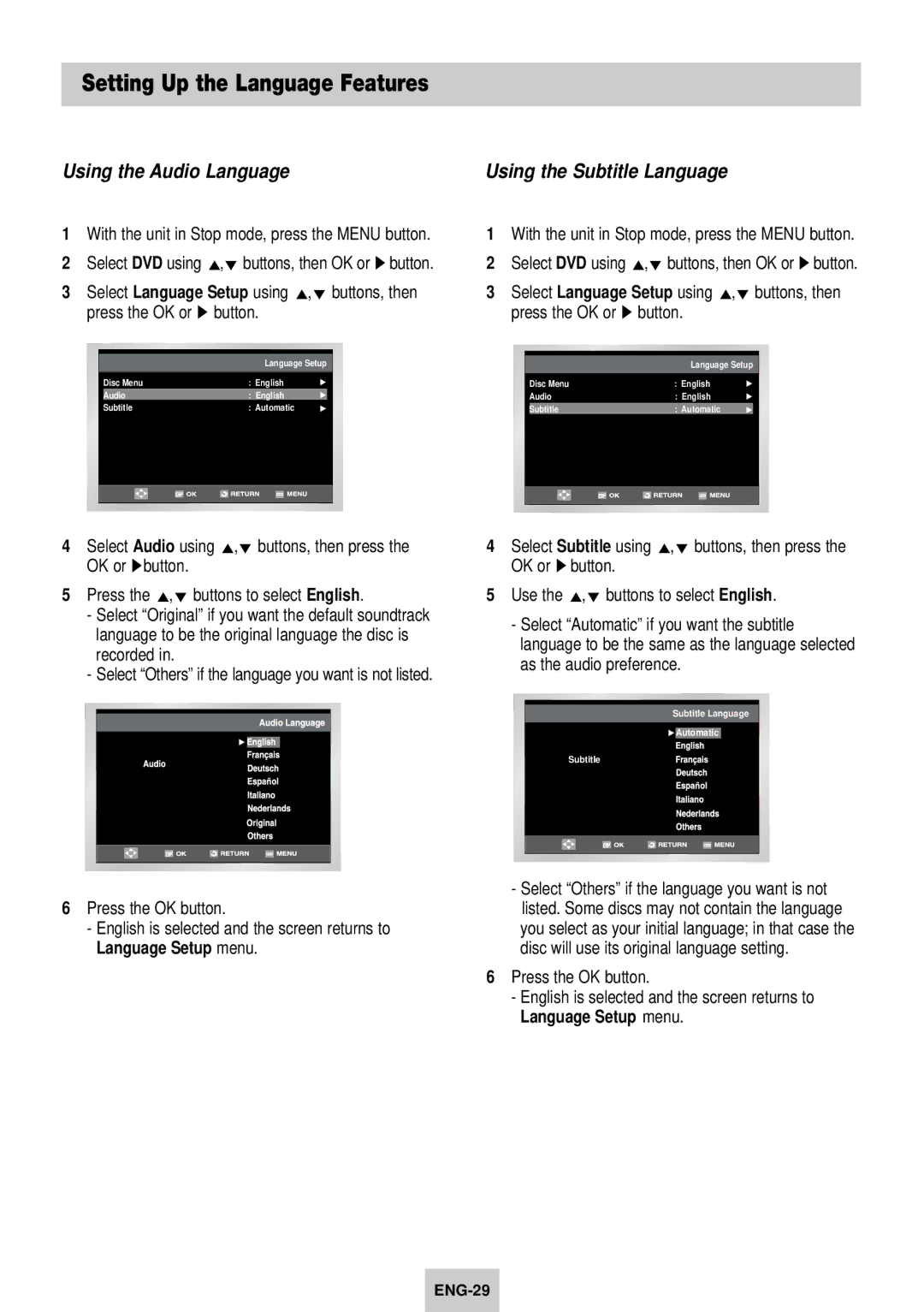 Samsung SV-DVD640 manual Setting Up the Language Features, With the unit in Stop mode, press the Menu button, OK or ❿button 