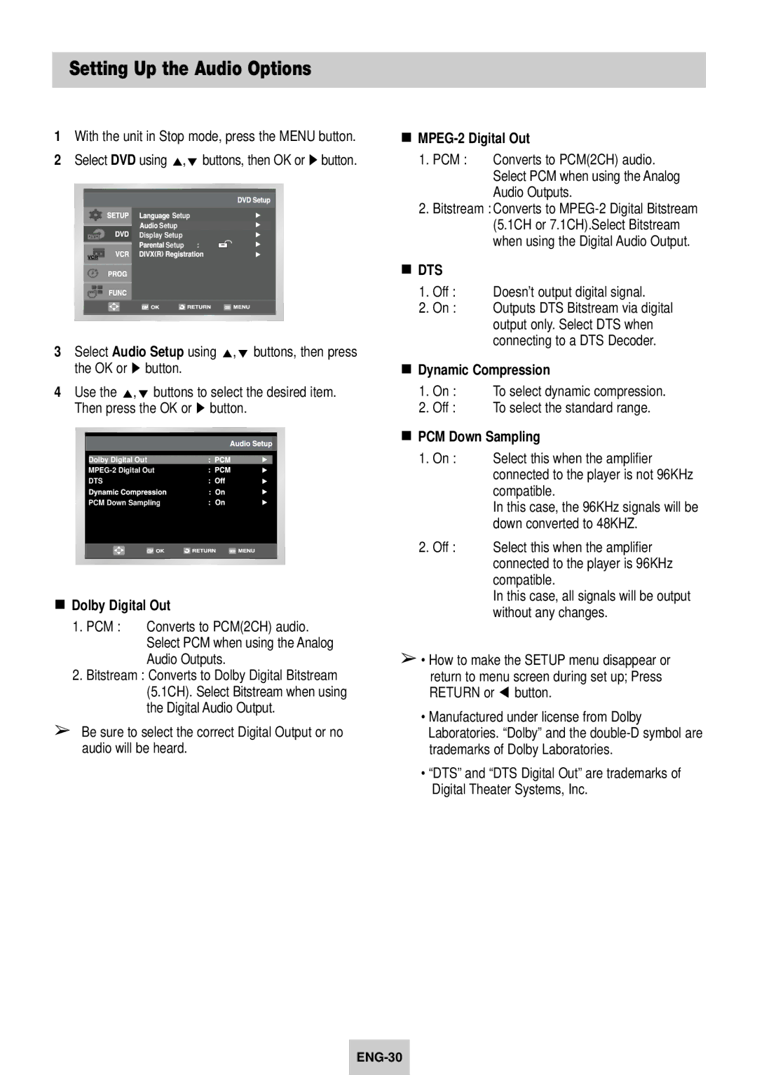 Samsung SV-DVD640 manual Setting Up the Audio Options, Dolby Digital Out, MPEG-2 Digital Out, Dynamic Compression 