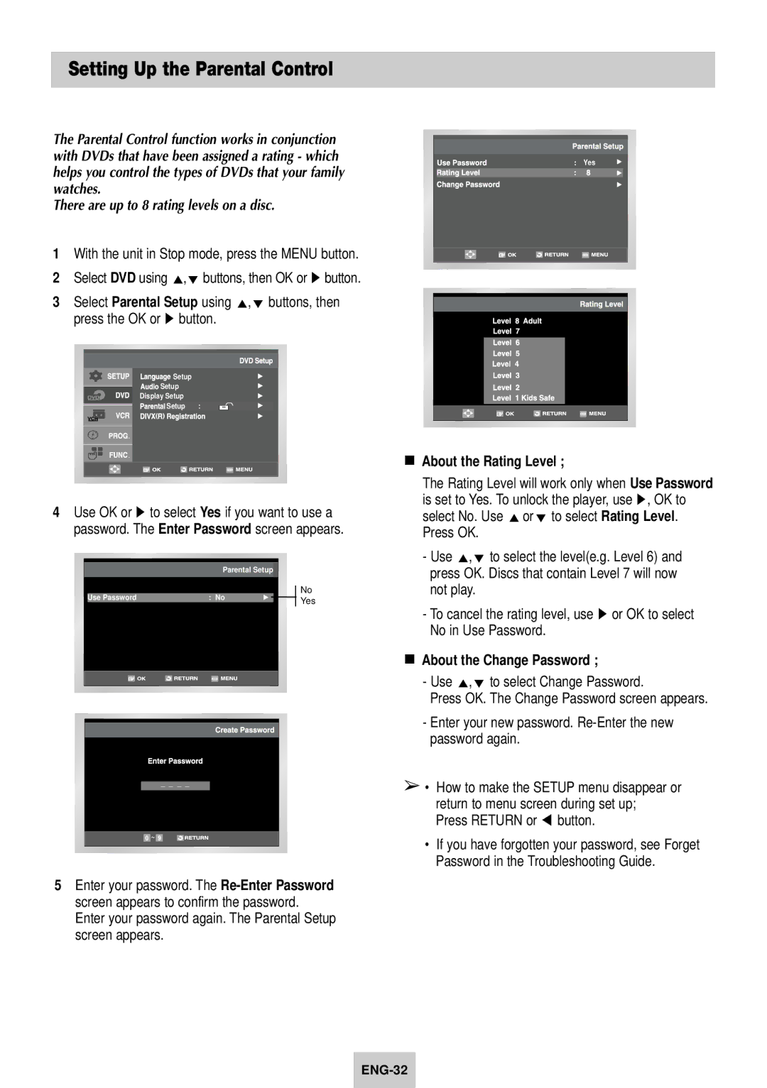 Samsung SV-DVD640 Setting Up the Parental Control, There are up to 8 rating levels on a disc, Press the OK or ❿ button 