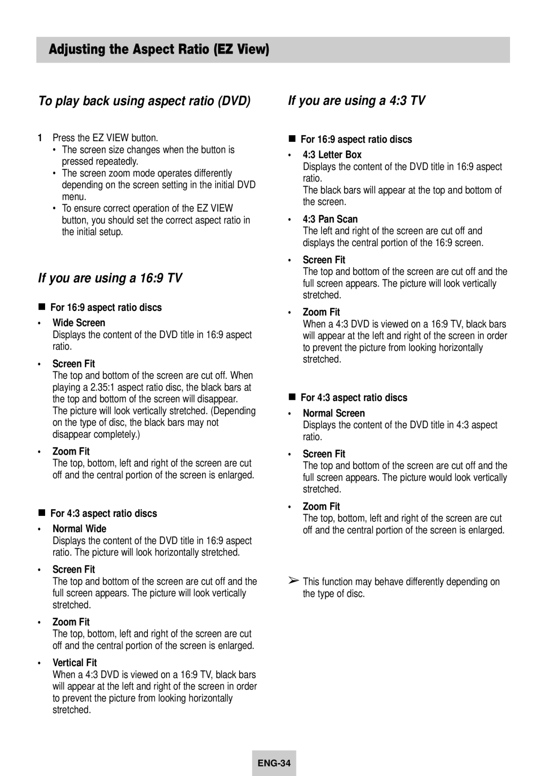 Samsung SV-DVD640 manual Adjusting the Aspect Ratio EZ View, To play back using aspect ratio DVD, If you are using a 169 TV 