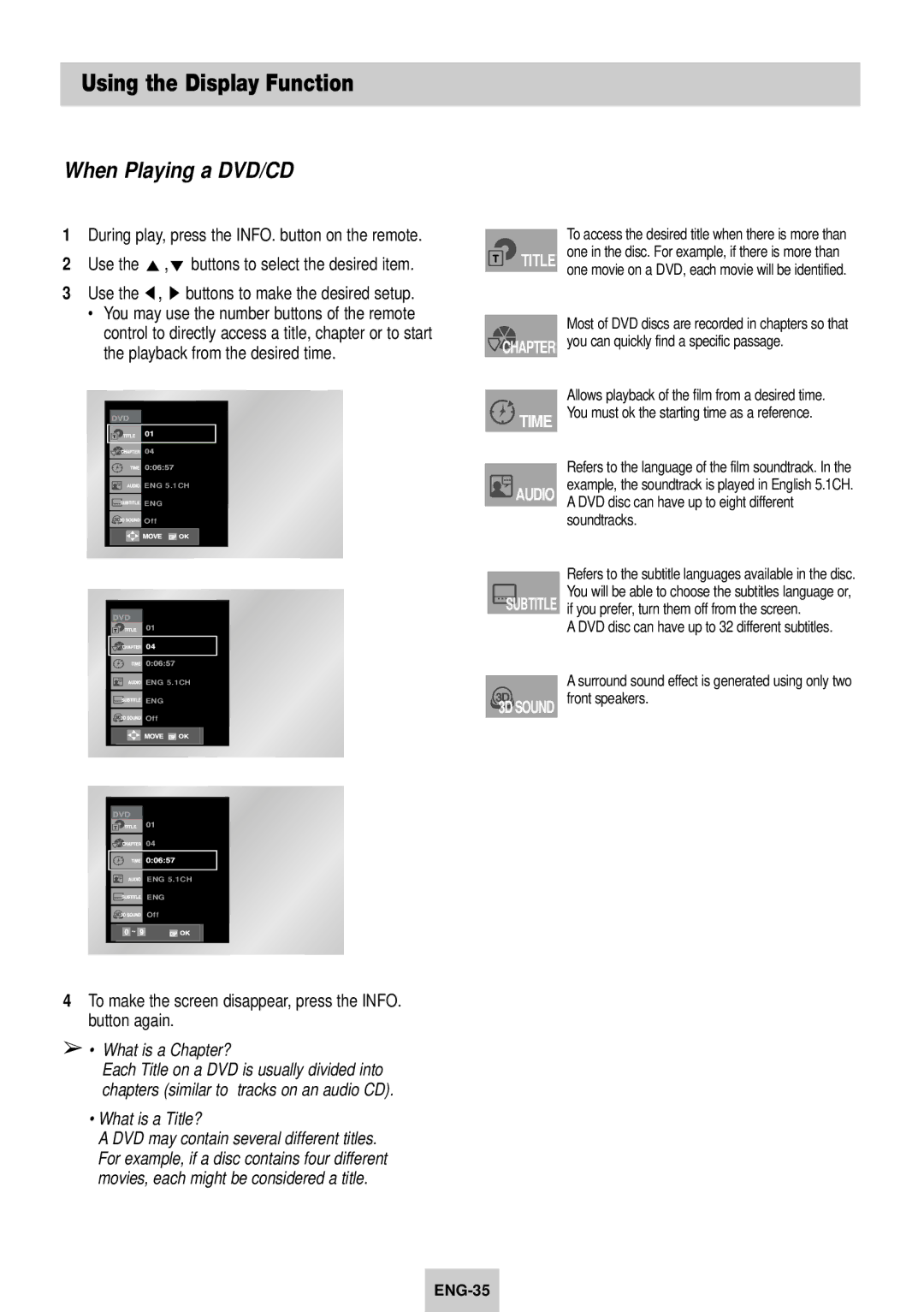 Samsung SV-DVD640 manual Using the Display Function, When Playing a DVD/CD, Use the , ❿ buttons to make the desired setup 