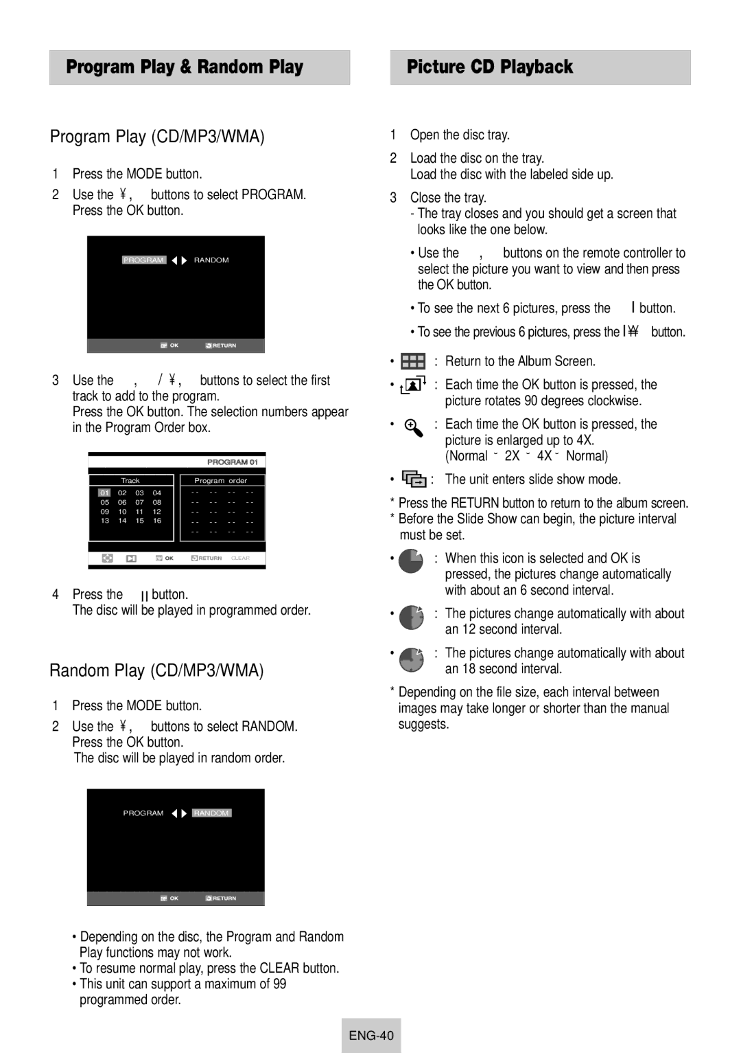 Samsung SV-DVD640 manual Program Play & Random Play Picture CD Playback, Program Play CD/MP3/WMA, Random Play CD/MP3/WMA 