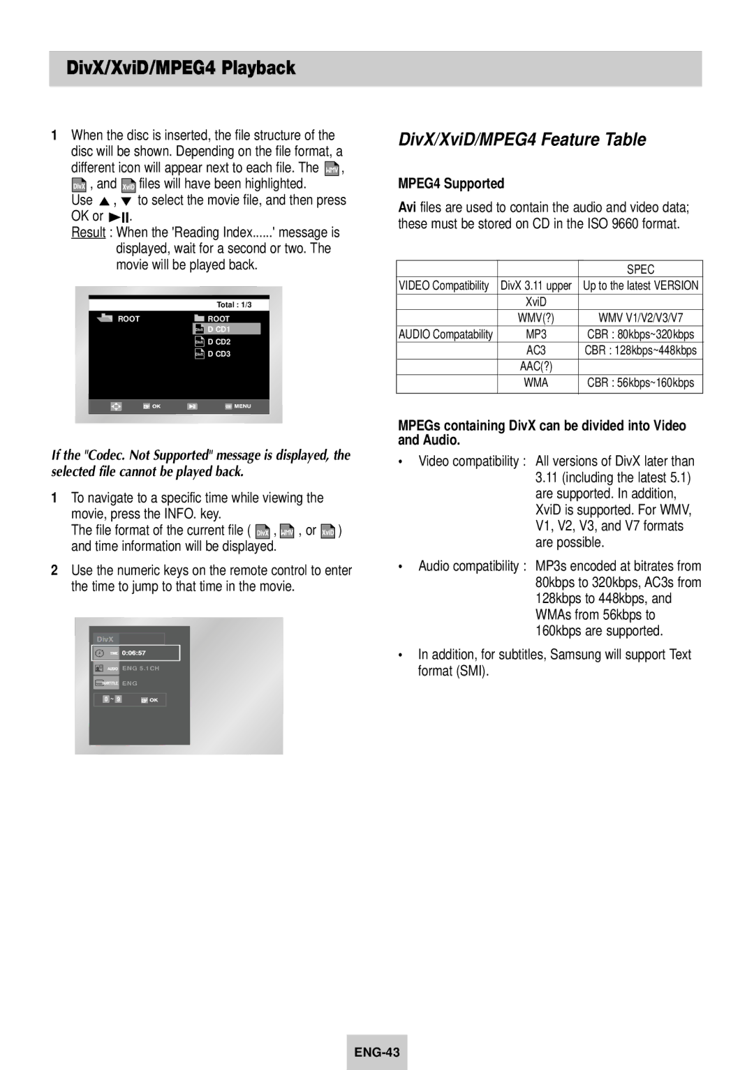 Samsung SV-DVD640 manual DivX/XviD/MPEG4 Playback, DivX/XviD/MPEG4 Feature Table, MPEG4 Supported 