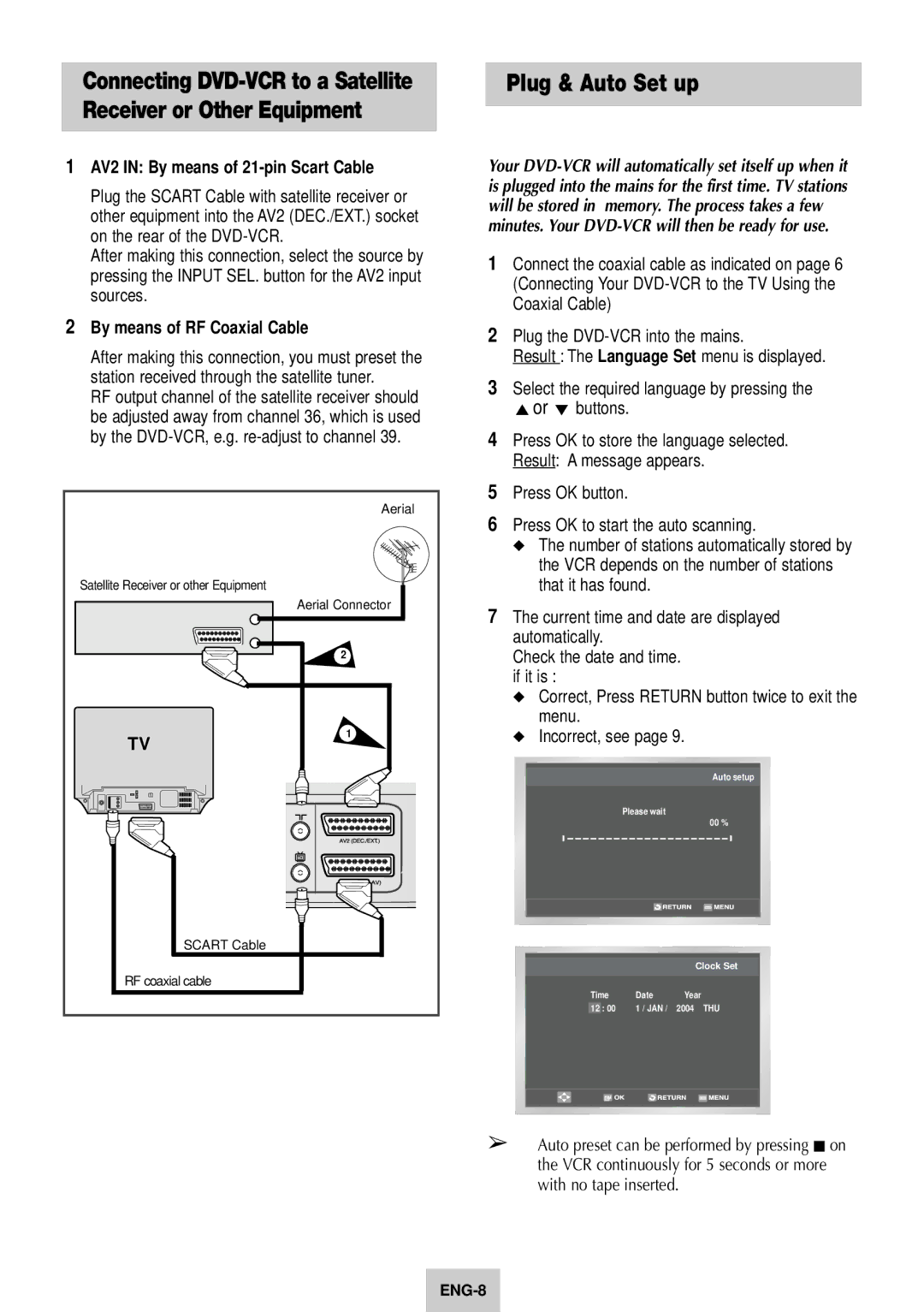 Samsung SV-DVD640 manual Plug & Auto Set up, AV2 in By means of 21-pin Scart Cable 