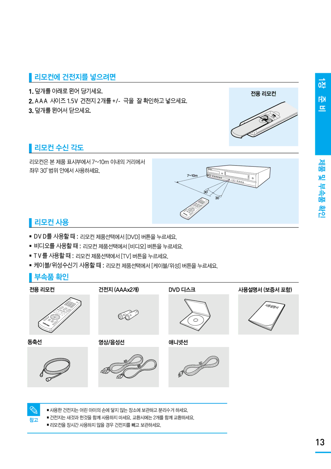 Samsung SV-DVD650 manual 리모컨에 건전지를 넣으려면, 리모컨 수신 각도, 리모컨 사용, 부속품 확인 