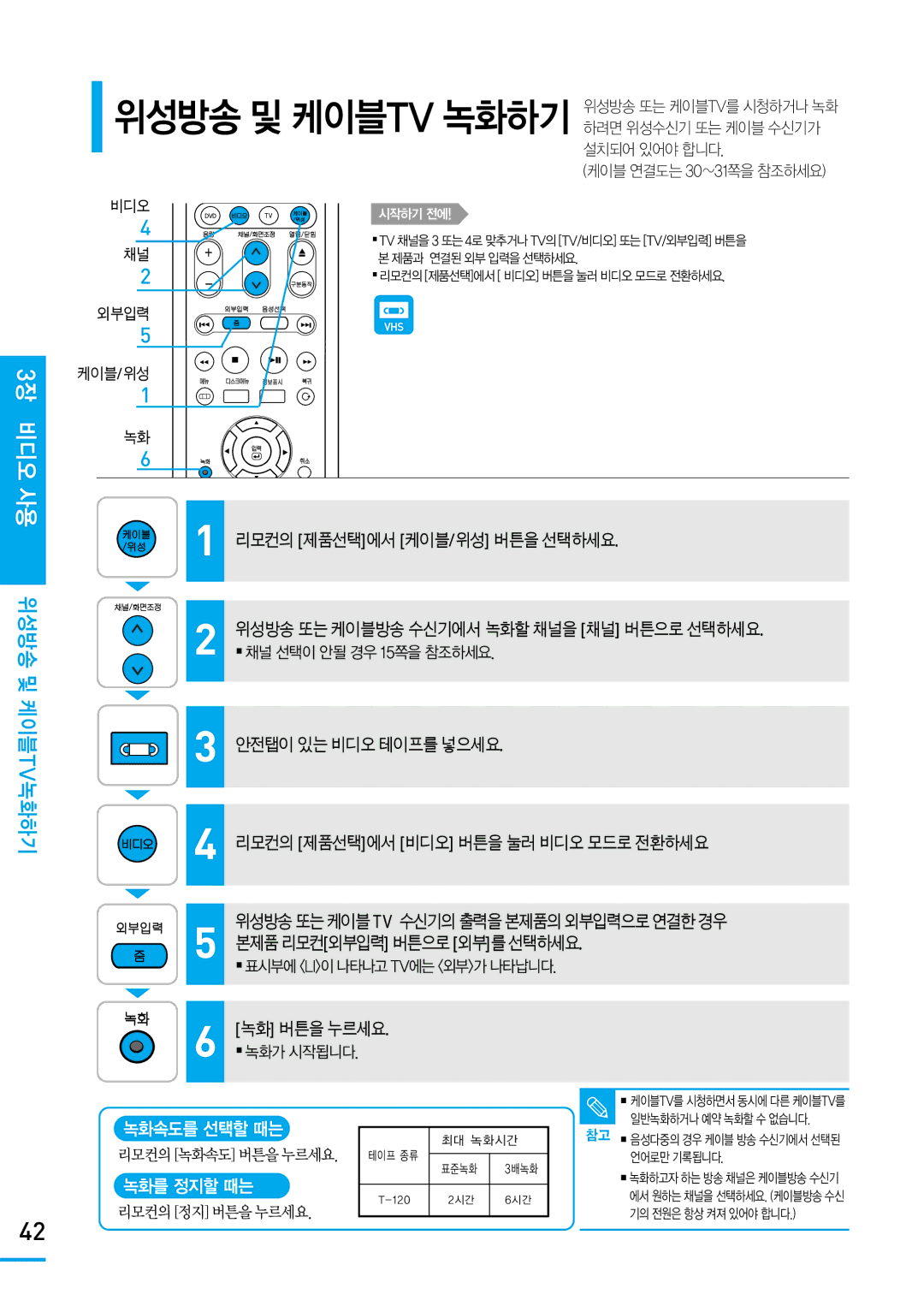 Samsung SV-DVD650 manual 3장 비디오 사용 위성방송 및 케이블TV녹화하기, 녹화속도를 선택할 때는, 녹화를 정지할 때는 