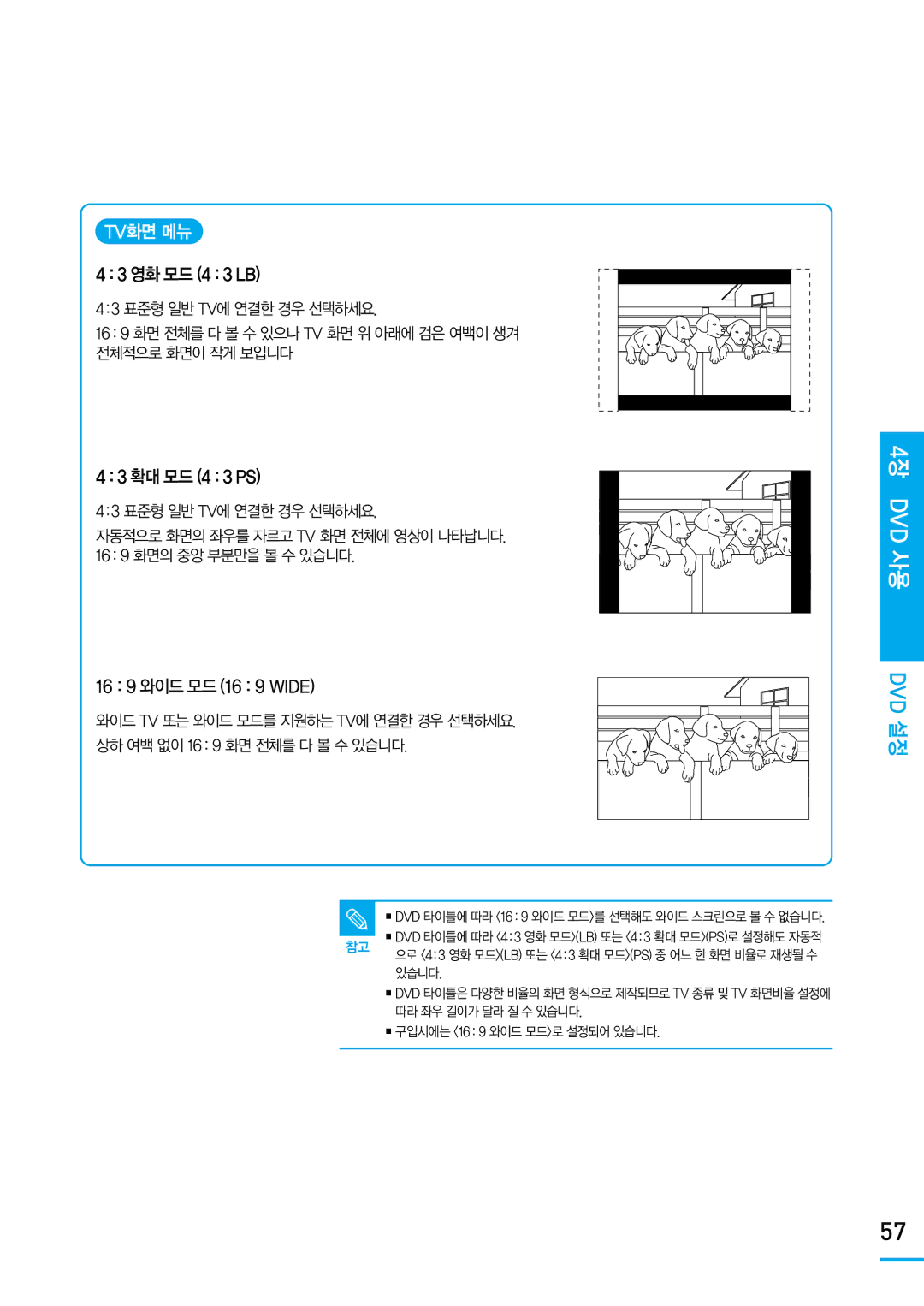 Samsung SV-DVD650 manual Tv화면 메뉴, 43영화모드43LB, 43확대모드43PS, 16 9 와이드모드16 9 Wide 