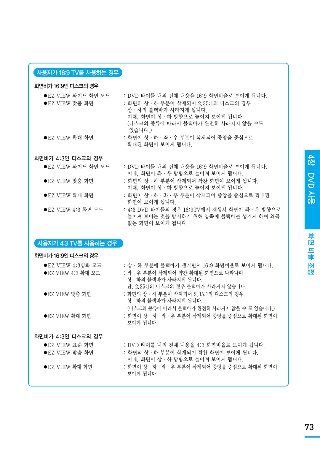 Samsung SV-DVD650 manual 화면비가 43인 디스크의 경우 EZ View 와이드 화면 모드, 화면비가 43인 디스크의 경우 EZ View 표준 화면 EZ View 맞춤 화면 