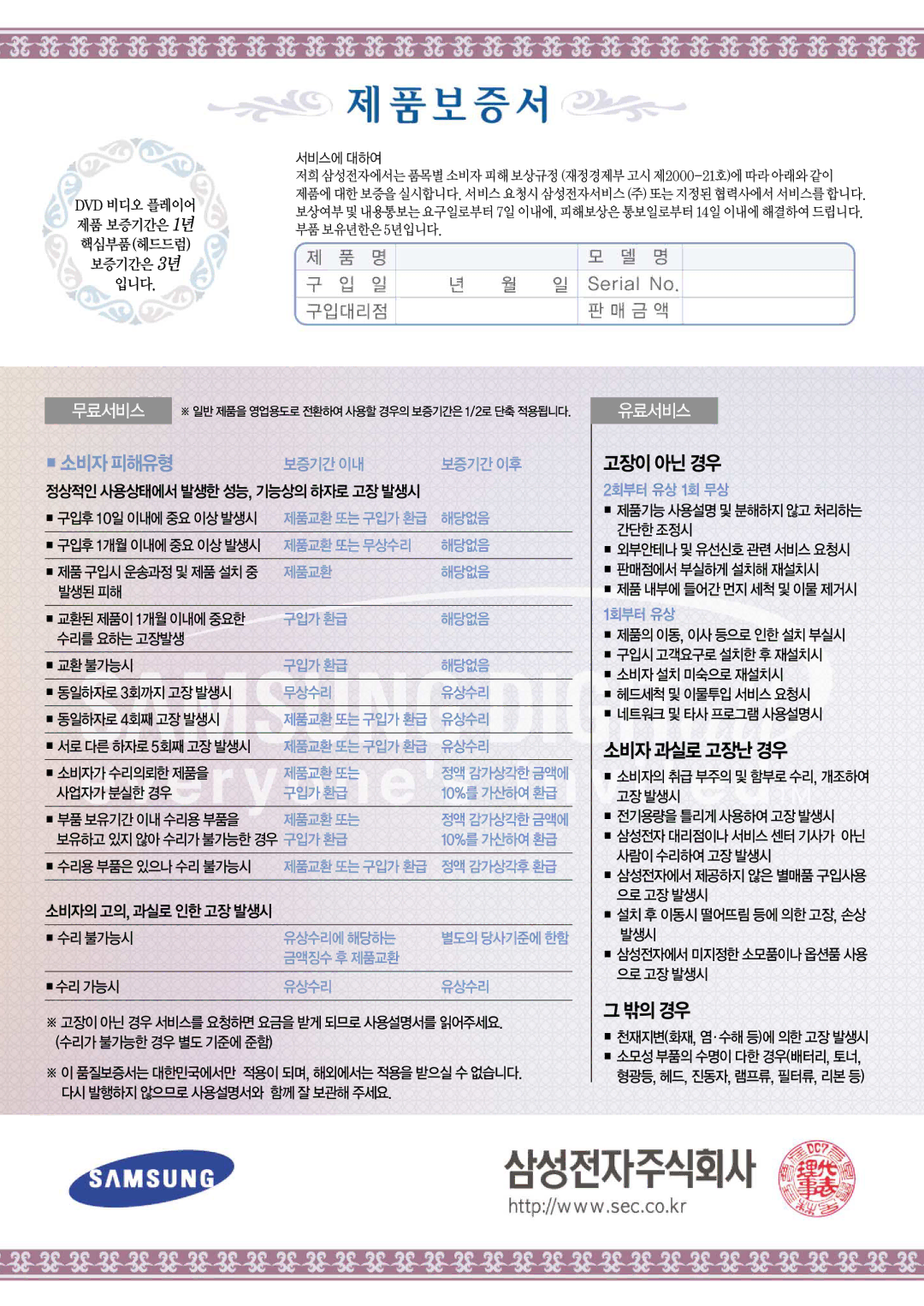 Samsung SV-DVD650 manual 무료서비스, 유료서비스, 보증기간은 3년 입니다 서비스에 대하여, 네트워크및타사프로그램사용설명시, 설치후이동시떨어뜨림등에의한고장, 손상 발생시 