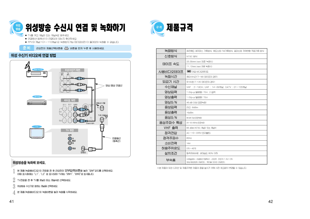 Samsung SV-J1000 manual 위성방송 수신시 연결 및 녹화하기 규 격 제품규격, 위성 수신기 비디오에 연결 방법 