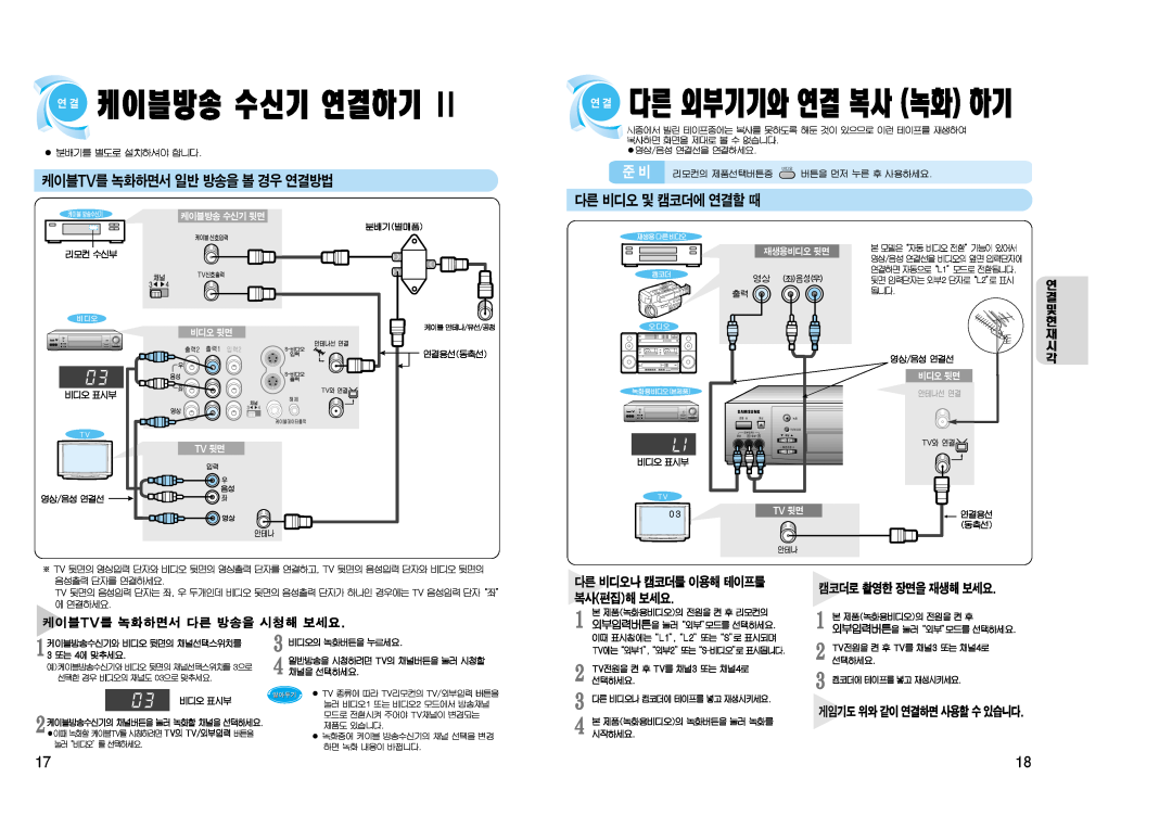 Samsung SV-J1000 연 결 케이블방송 수신기 연결하기 Ⅱ, 연 결 다른 외부기기와 연결 복사 녹화 하기, 케이블tv를 녹화하면서 일반 방송을 볼 경우 연결방법, 다른 비디오 및 캠코더에 연결할 때, 연 결 및 