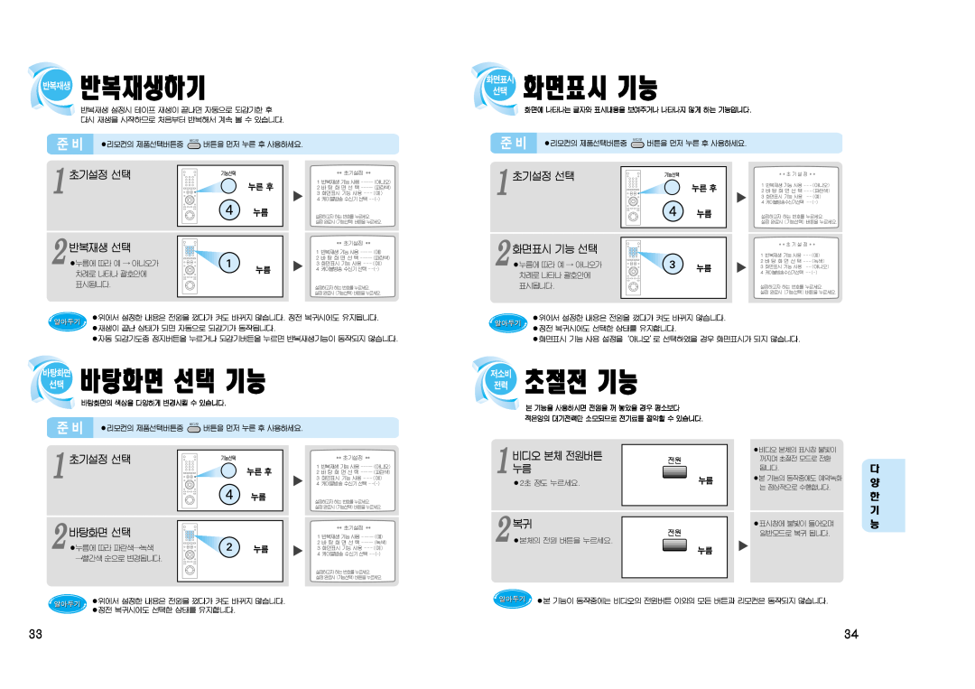 Samsung SV-J1000 manual 선택 바탕화면 선택 기능, 전력 초절전 기능, 1 누름, 화면표시 기능, 반복재생하기, 다 양 한 기 능 