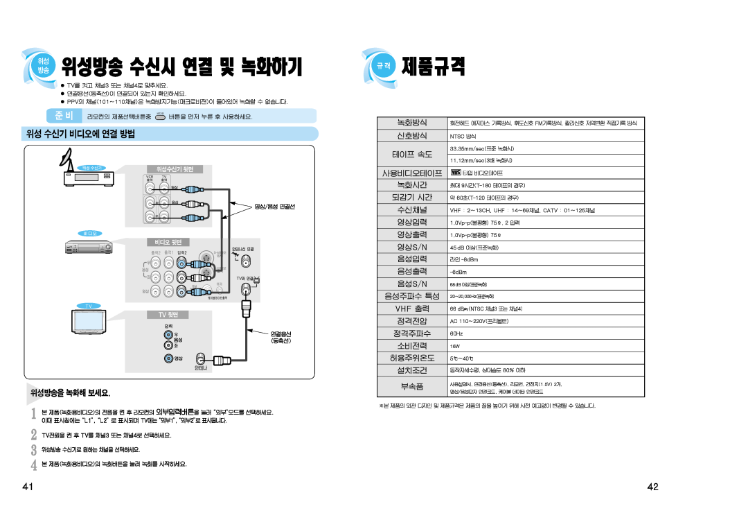 Samsung SV-J1000 manual 위성방송 수신시 연결 및 녹화하기 규 격, 제품규격, 위성 수신기 비디오에 연결 방법 