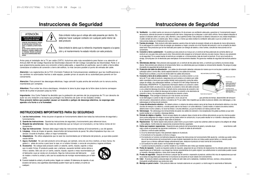 Samsung SV-J195P, SV-J62P, SV-J61P, SV-J181P, SV-J162P manual Instrucciones de Seguridad, Atención 