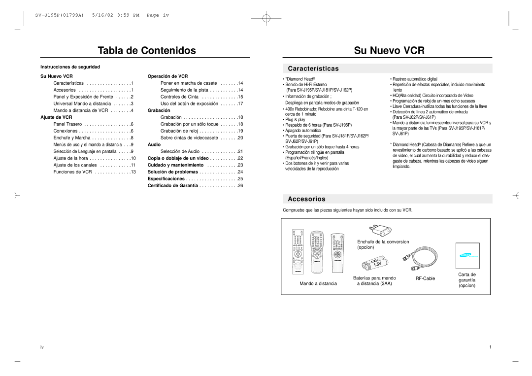 Samsung SV-J181P, SV-J62P, SV-J61P, SV-J195P, SV-J162P manual Tabla de Contenidos Su Nuevo VCR, Características, Accesorios 