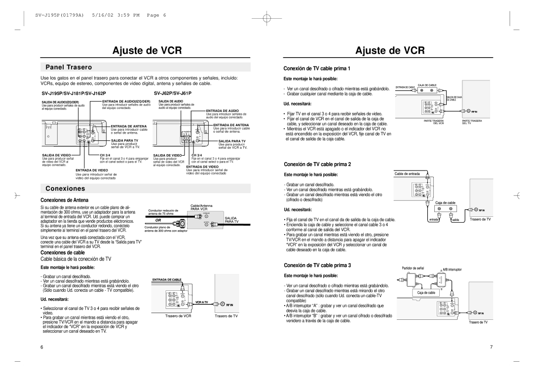 Samsung SV-J61P, SV-J62P, SV-J195P, SV-J181P, SV-J162P manual Ajuste de VCR, Panel Trasero, Conexiones 