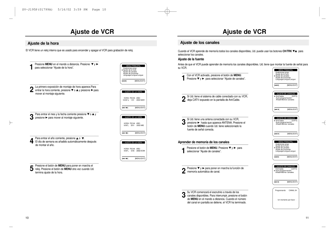 Samsung SV-J181P manual Ajuste de la hora, Ajuste de los canales, Ajuste de la fuente, Aprender de memoría de los canales 