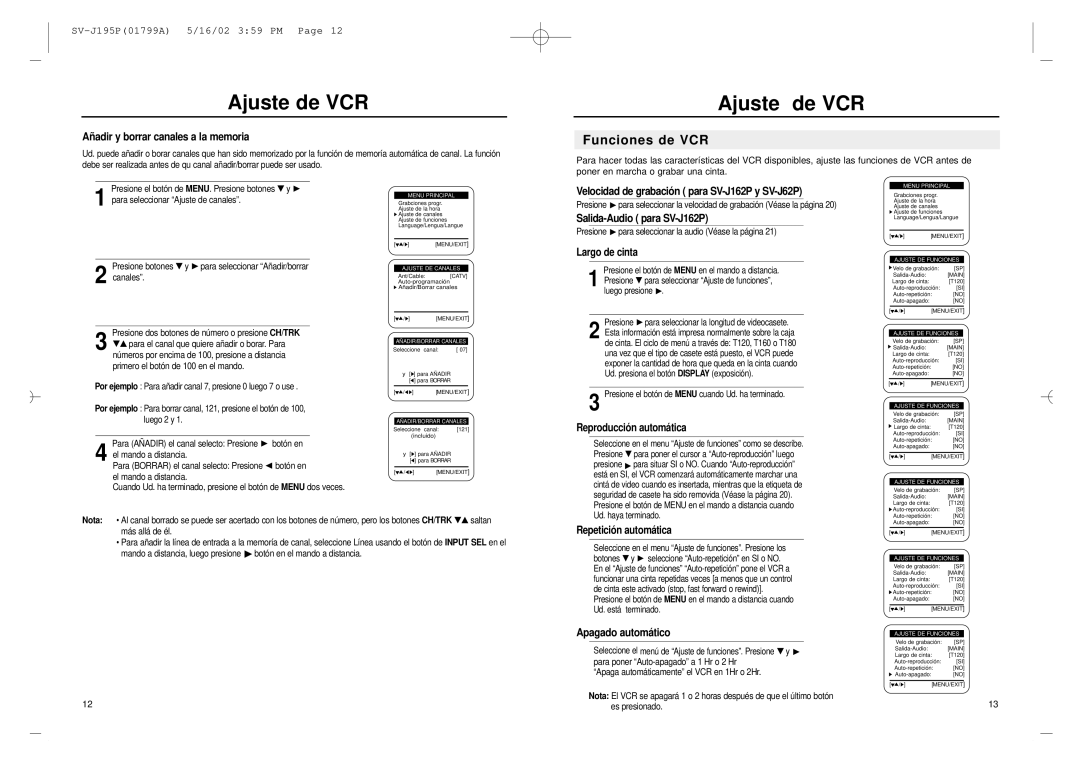 Samsung SV-J162P, SV-J62P, SV-J61P, SV-J195P, SV-J181P manual Funciones de VCR 