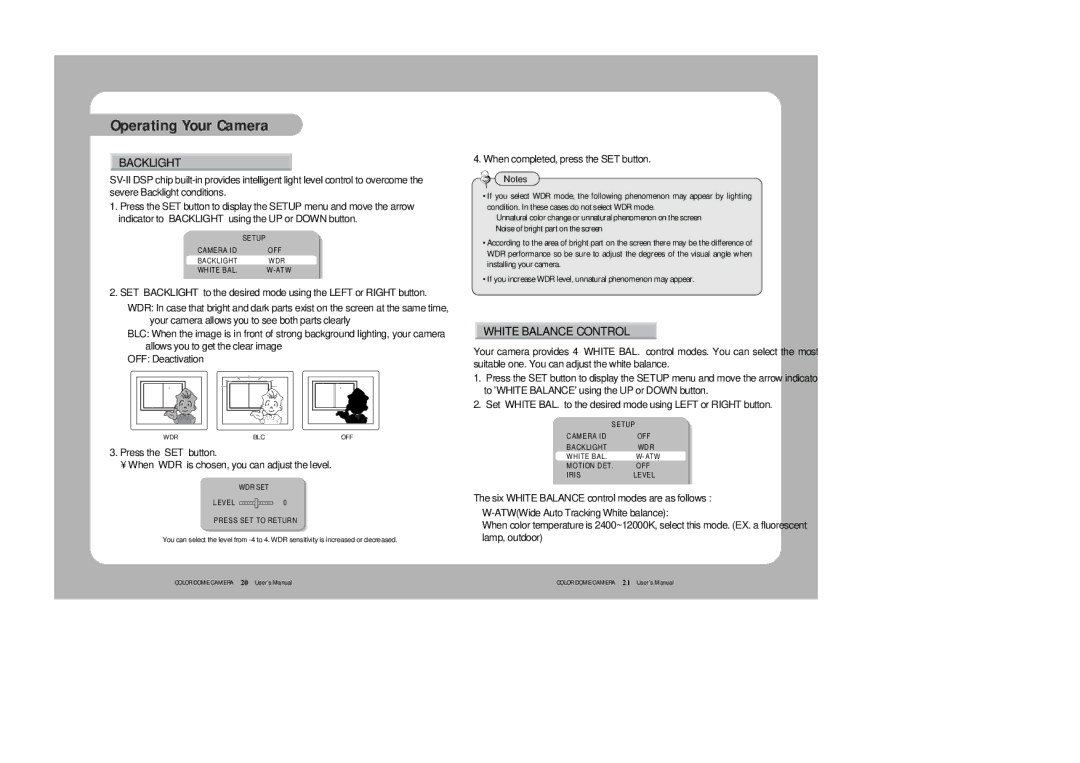 Samsung SVD-4120A/AW instruction manual Backlight, White Balance Control, ATWWide Auto Tracking White balance 