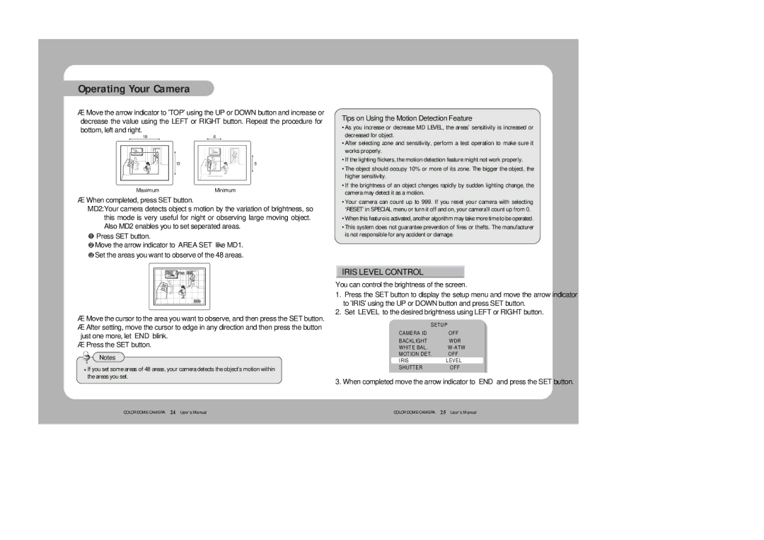 Samsung SVD-4120A/AW instruction manual Iris Level Control, Tips on Using the Motion Detection Feature 