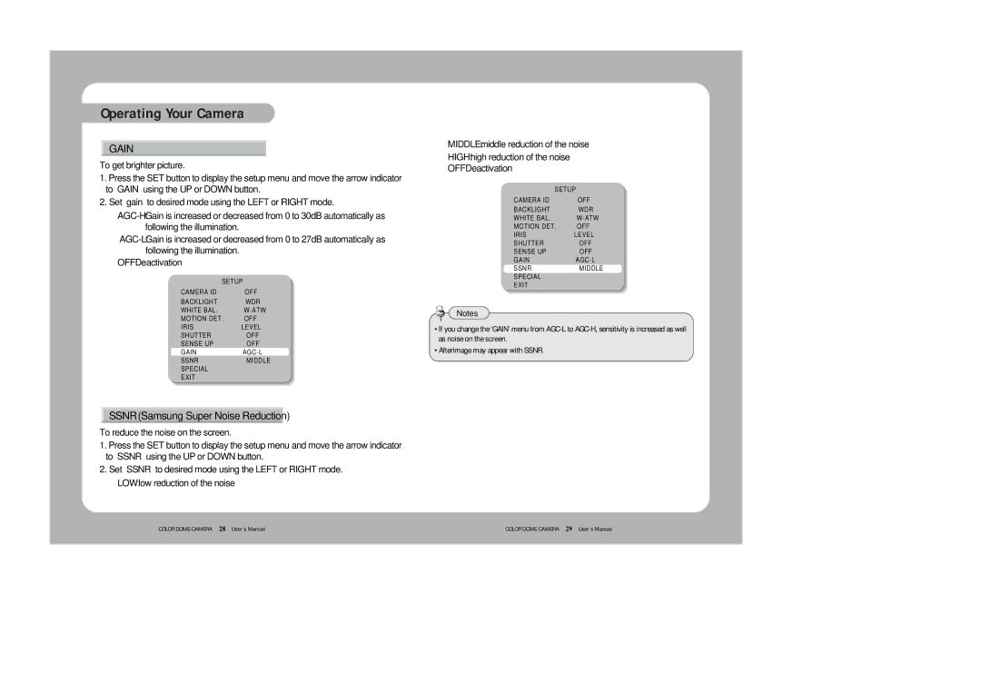 Samsung SVD-4120A/AW instruction manual Gain, SSNRSamsung Super Noise Reduction 