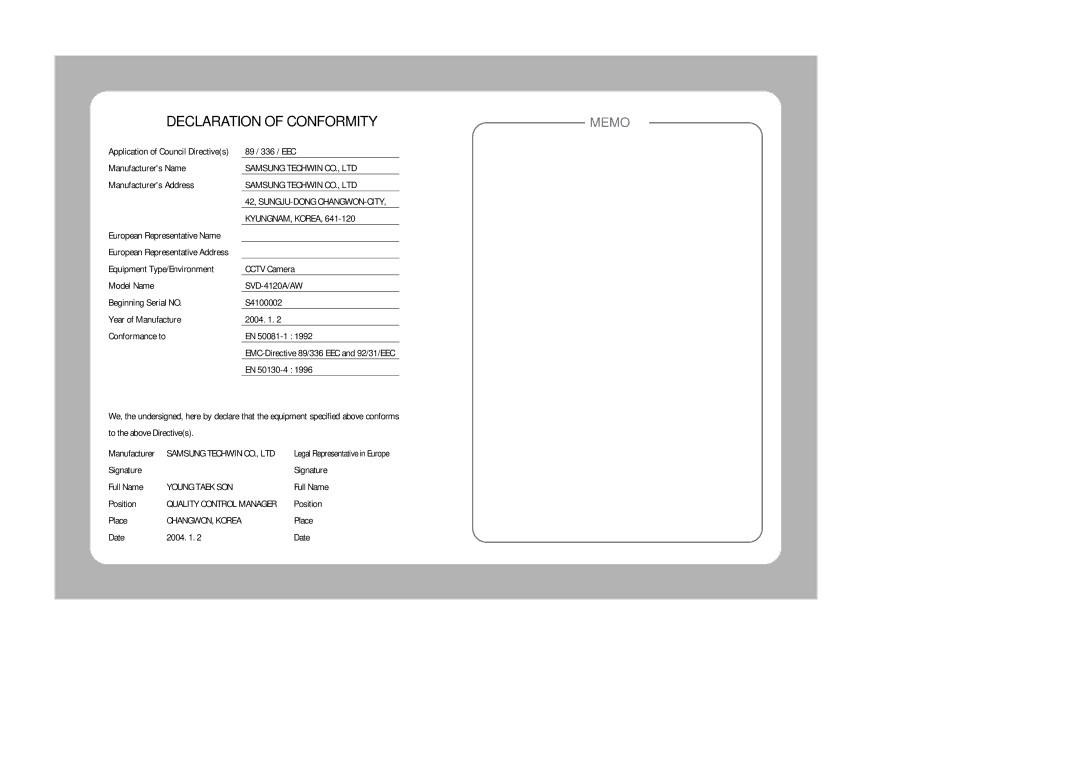 Samsung SVD-4120A/AW instruction manual Declaration of Conformity 