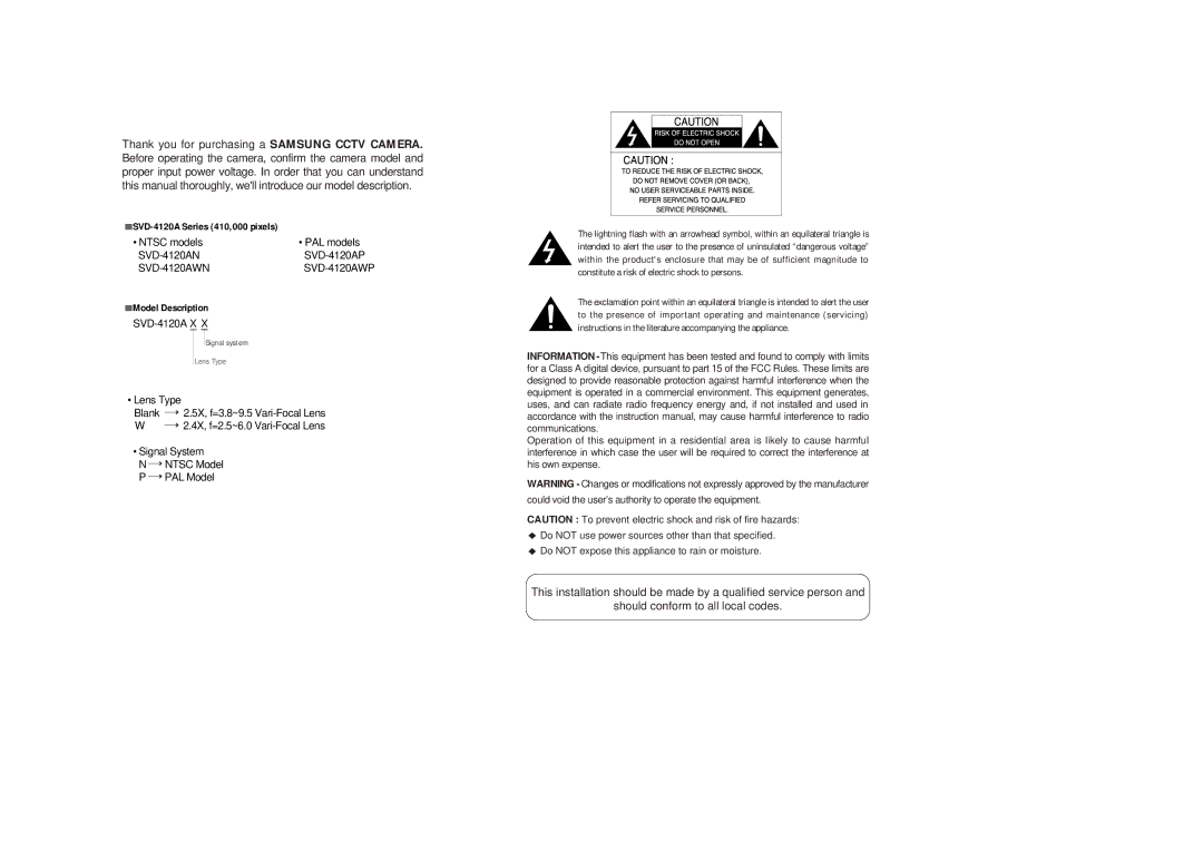 Samsung SVD-4120A/AW instruction manual Model Description 