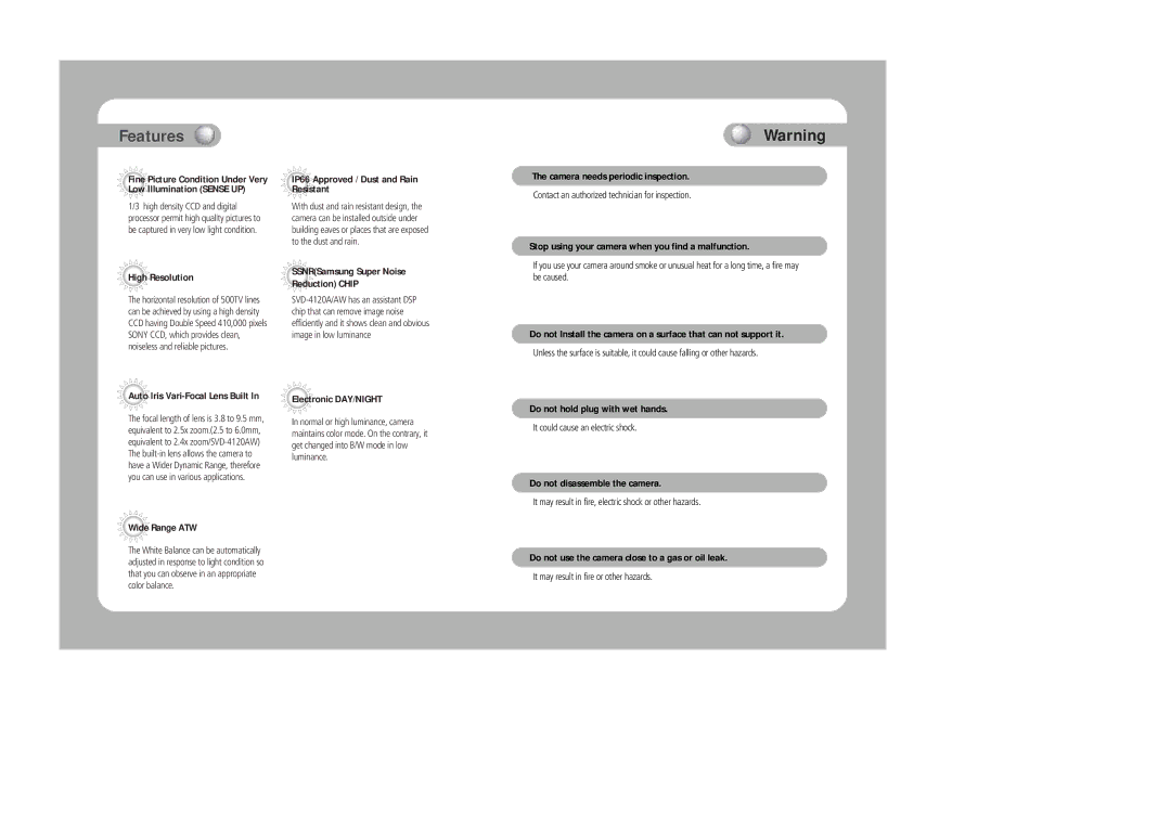 Samsung SVD-4120A/AW instruction manual Features 