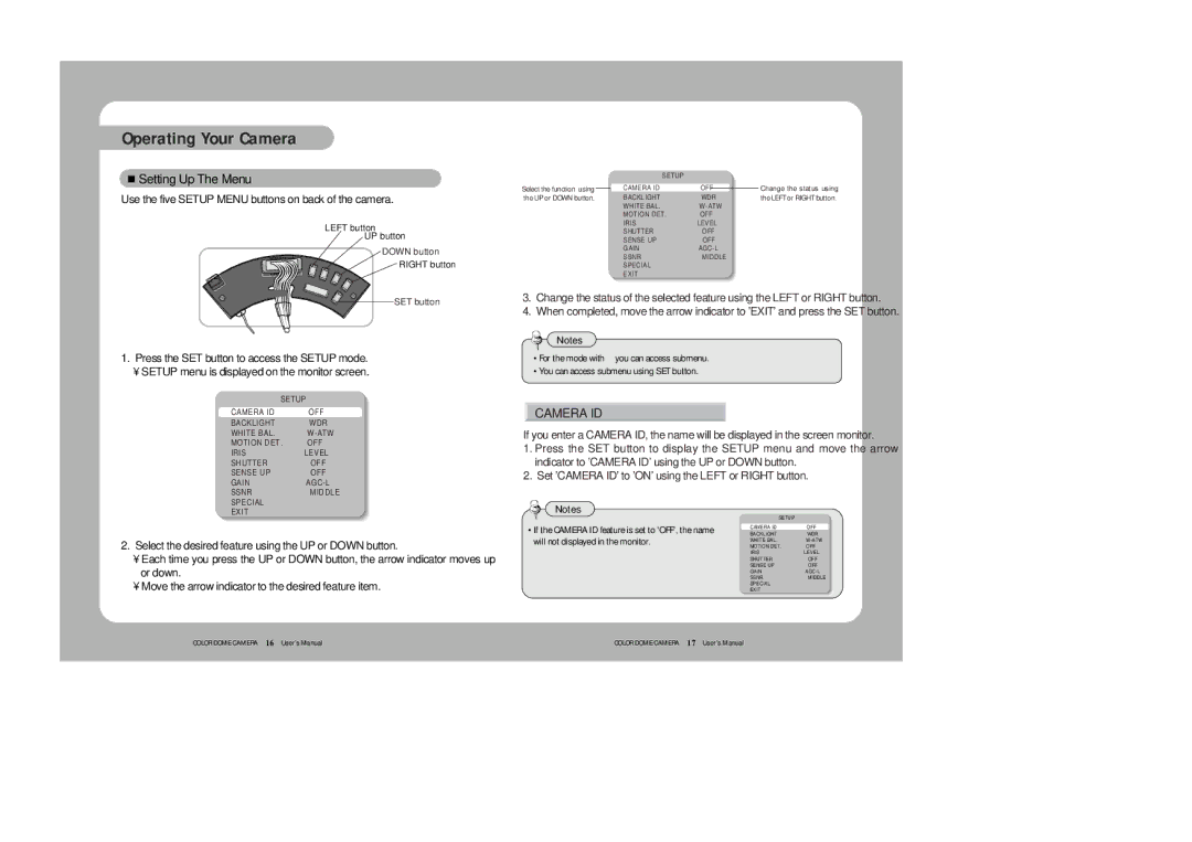 Samsung SVD-4120A/AW instruction manual Setting Up The Menu, DET OFF Iris Level Shutter Sense Gain AGC-L Ssnr 