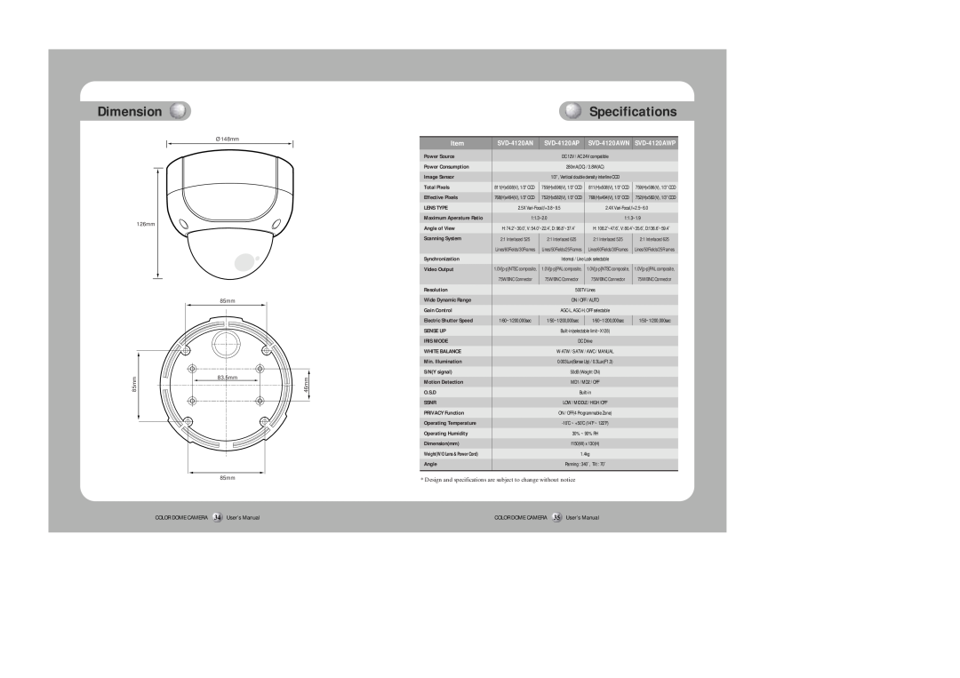 Samsung SVD-4120A/AW instruction manual Dimension, Specifications, SVD-4120AN, SVD-4120AP, SVD-4120AWN 