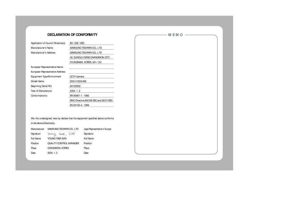 Samsung SVD-4120A/AW instruction manual Declaration Of Conformity, Memo 