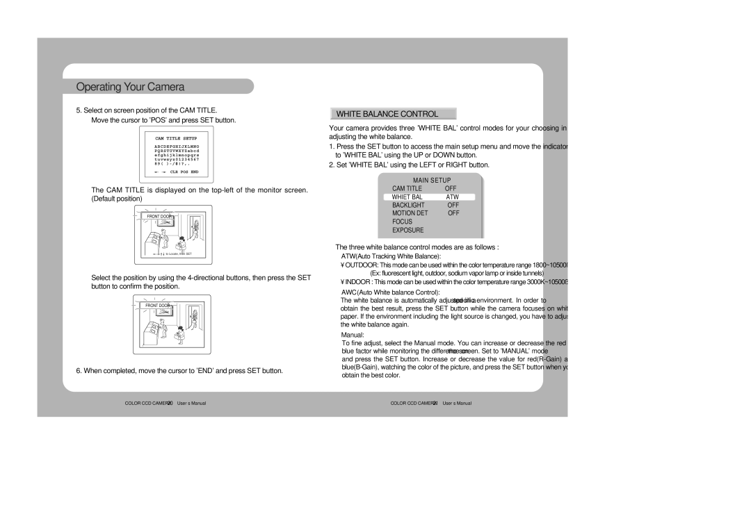 Samsung SVD-4300 user manual White Balance Control, When completed, move the cursor to END and press SET button 