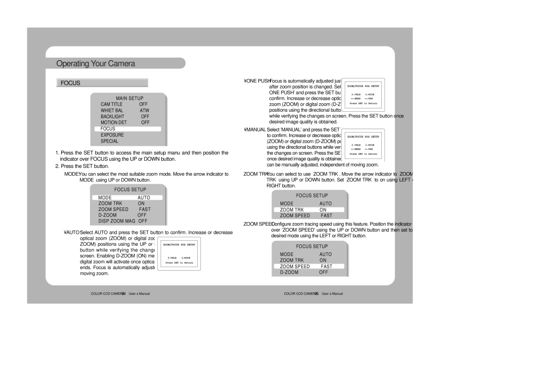 Samsung SVD-4300 user manual Focus, Press the SET button 