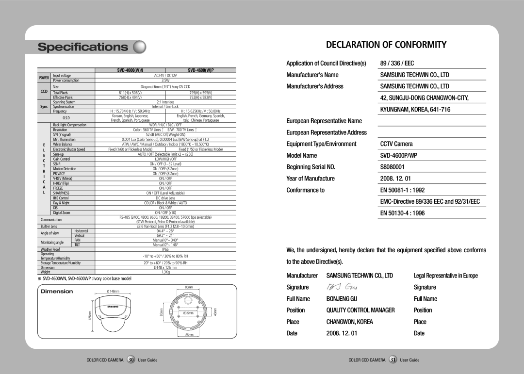 Samsung SVD-4600 manual Specifications, KYUNGNAM, Korea, Bonjeng GU, CHANGWON, Korea 