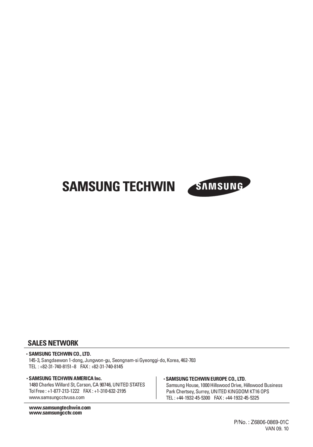 Samsung SVD-4600 manual Sales Network 