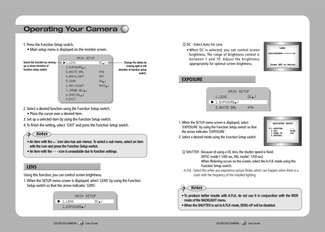 Samsung SVD-4600 manual Exposure, Main Setup Lens DC 2.EXPOSURE White BAL 